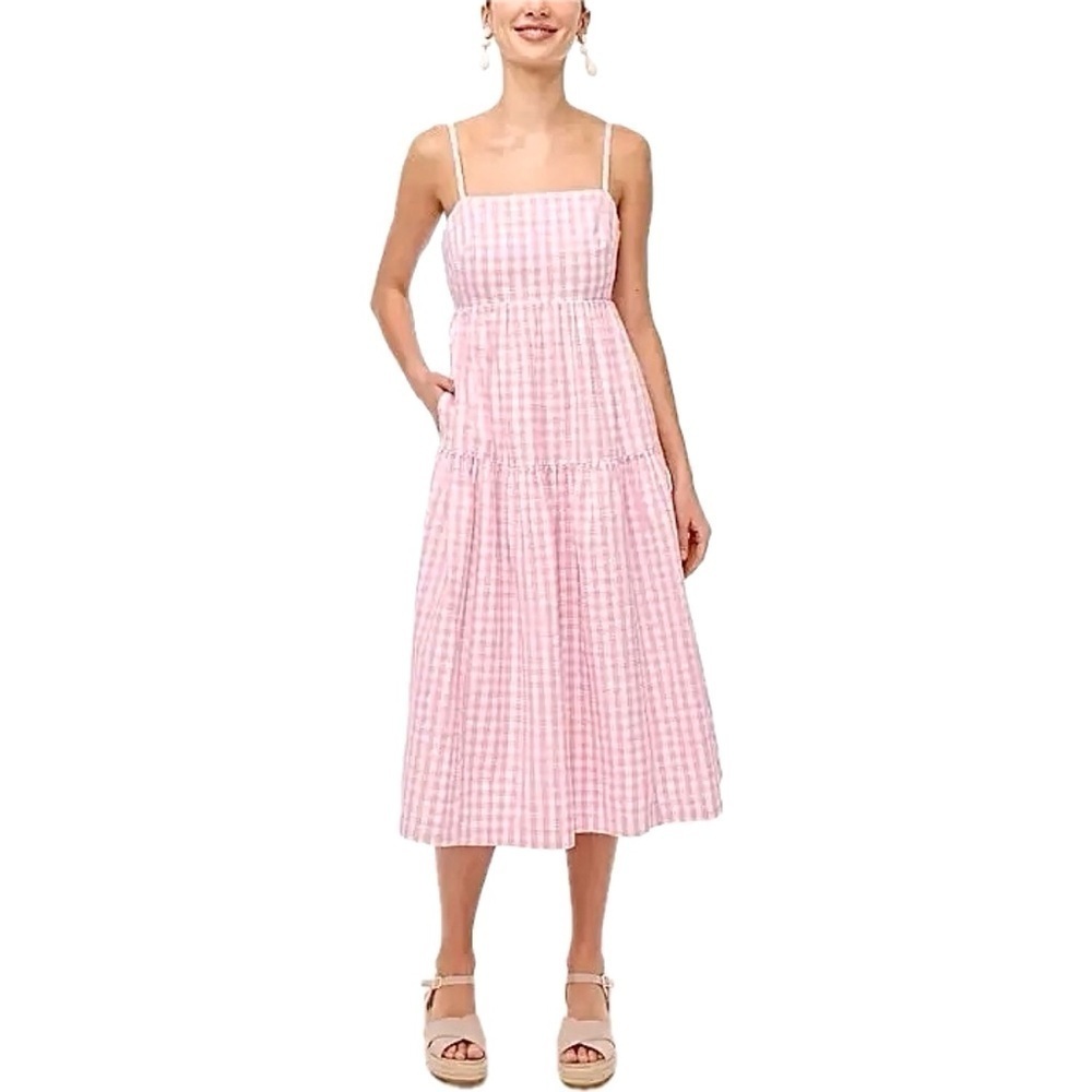 J. Crew Pink White Gingham Plaid Seersucker Back Tie Midi Dress